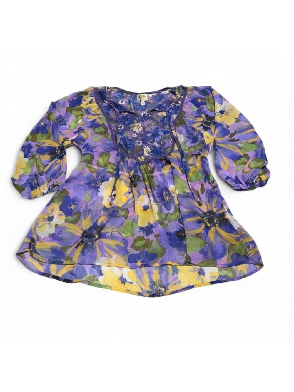 Fig & Flower Anthropologie Sheer Peasant Blouse Womens Medium Floral Boho Summer